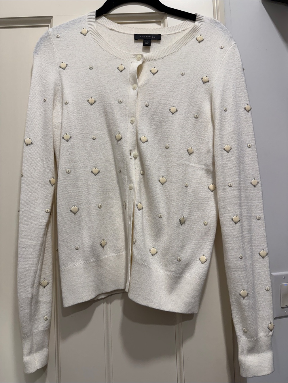 Ann Taylor White Cream Embellished Button Cardigan